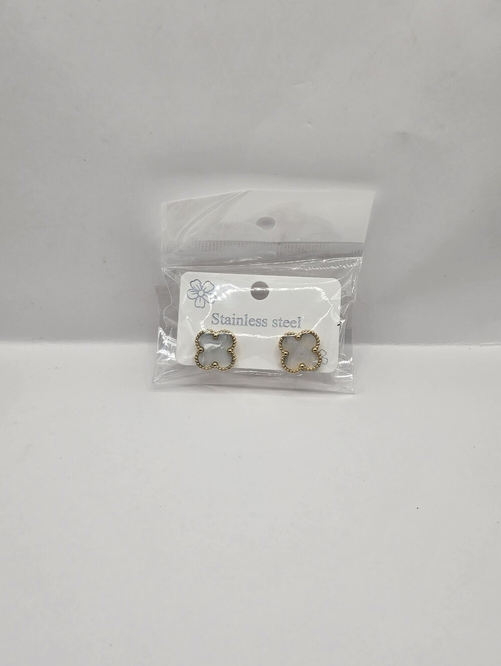 Gold Tone Clover Stud Earrings Stainless Steel White Mother of Pearl Style